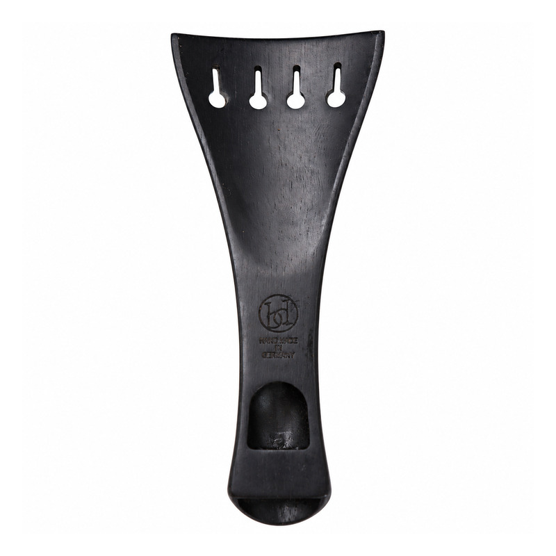 Violin-Saitenhalter englisch · Ebenholz · Schwarz · Unterseite Unterseite des BERDANI Violin-Saitenhalters, englisches Modell aus Ebenholz, mit Gravur und Aussparung.