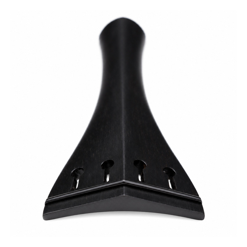 Violin-Saitenhalter englisch · Ebenholz · Schwarz · Frontansicht BERDANI Violin-Saitenhalter, englisches Modell aus Ebenholz, mit schwarzem Reifchen – Frontansicht.