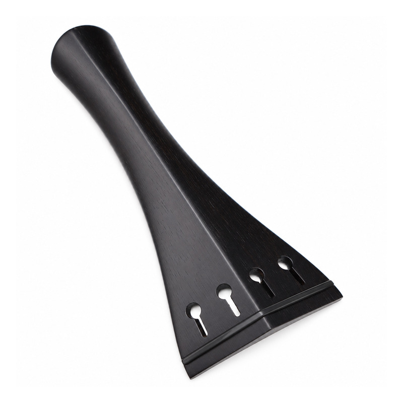Violin-Saitenhalter englisch · Ebenholz · Schwarz · Schrägansicht BERDANI Violin-Saitenhalter, englisches Modell aus Ebenholz, mit schwarzem Reifchen – Schrägansicht.